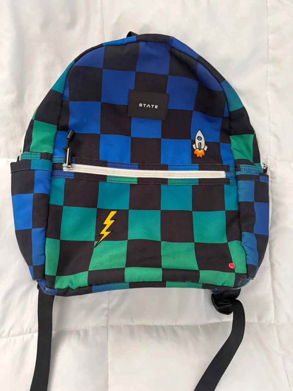 STATE Blue and Green Checker Messenger Bag with Rocket & Lightning Patches